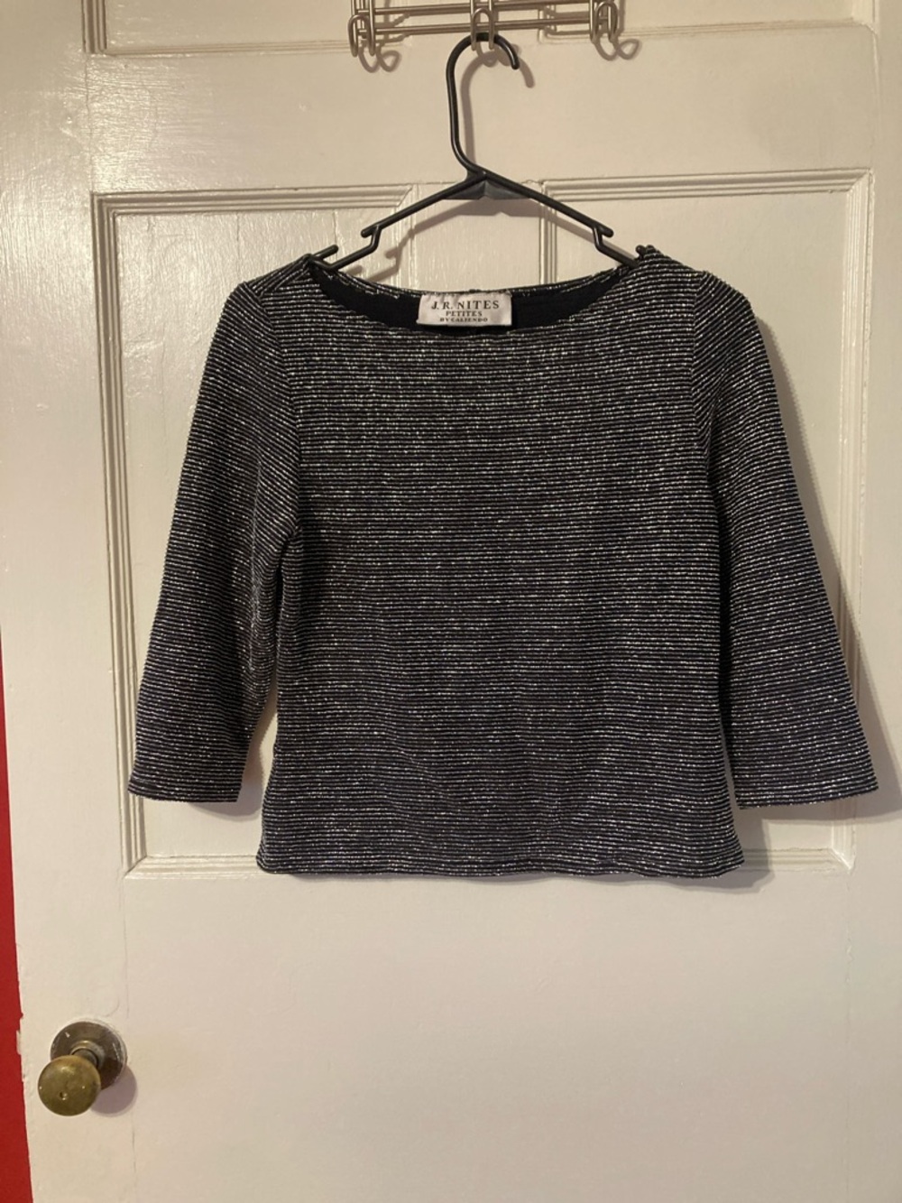 3/4 Sleeve Metallic Boatneck Sweater in Black & Silver